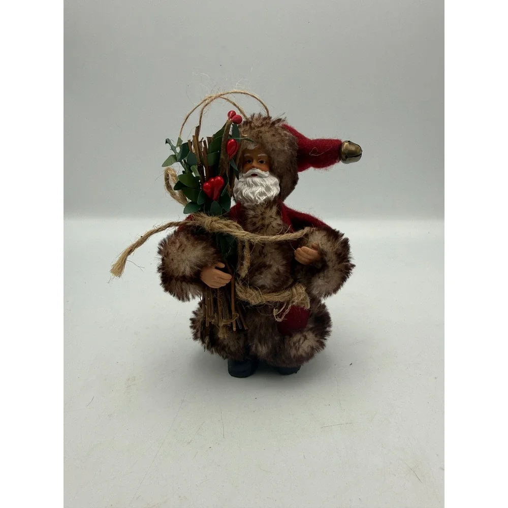 Rustic Santa Claus Ornament Figurine Faux Fur Red Felt Woodland Father Christmas